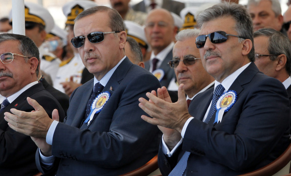 Turkey's President Gul and Turkey's Prime Minister Erdogan attend a delivery ceremony for the first nationally designed combat ship