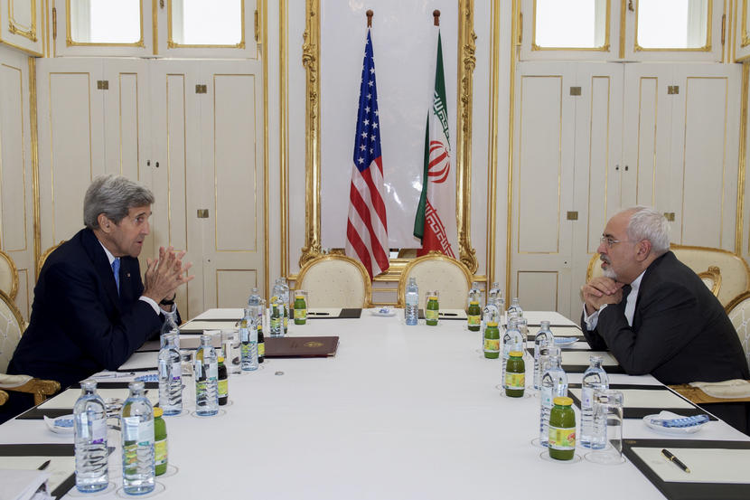 U.S. Secretary of State John Kerry (L)  meets with Iranian Foreign Minister Javad Zarif at a hotel in Vienna, Austria June 30, 2015.  Kerry and  Zarif held a 