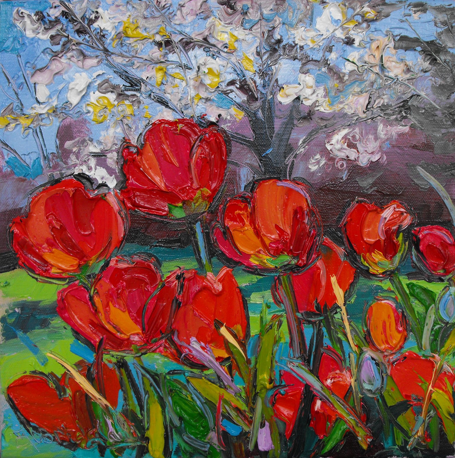 Spring Tulips with Cherry Blossom 12 x 12